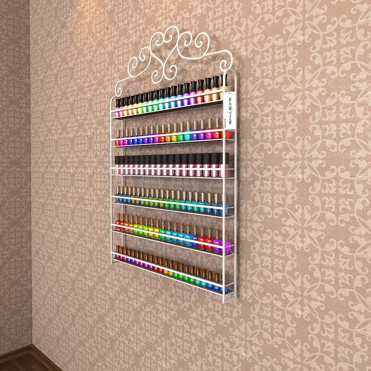FullBerg 6-tier Metal Nail Polish Stand Wall Shelf Round, Nail Polish Shelf Storage Display Vanity Organizer Lipstick Stand Shelf Women Makeup Organizers, Shelves for Nail Polish (White)