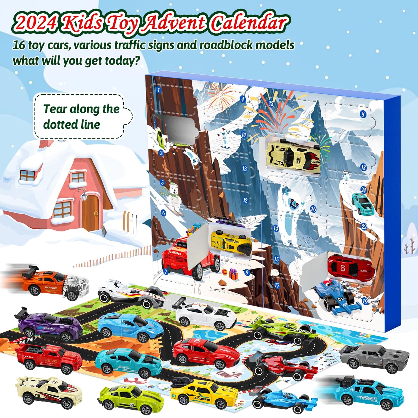 Advent calendar 2024, Kids Pull Back Cars Toy, Sports Car Rally Car Race Toy, 24 day Christmas calendar gift for 3-12 year old boys girls