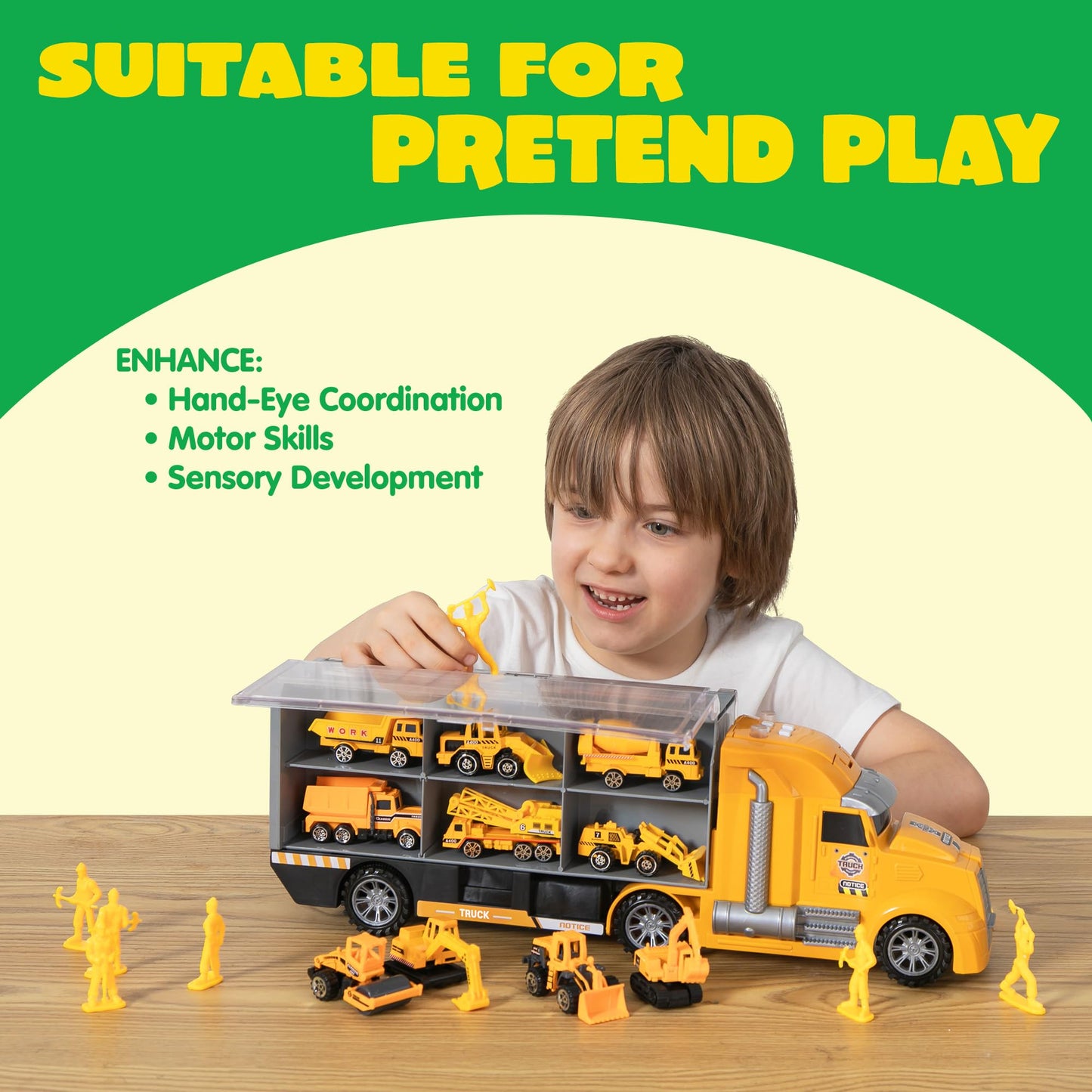 JOYIN 25-in-1 Die-cast Construction Vehicle Toy Set (including transport truck, excavator, dump truck, tractor) with sounds and lights in the transporter, kids gifts for boys aged 3 and up.