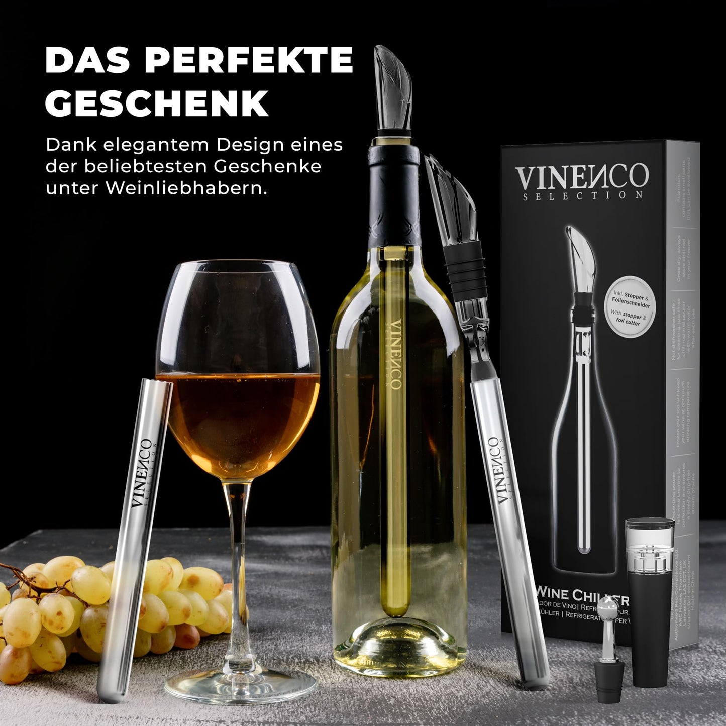 VINENCO Wine Cooler Set THE ORIGINAL, Bottle Cooler + Decanter 7-in-1 Premium Wine Accessories: Stainless Steel Bottle Wine Cooling Rod + Decanter Aerator + Pourer | Bar Gift Women Men, Red- White Wine