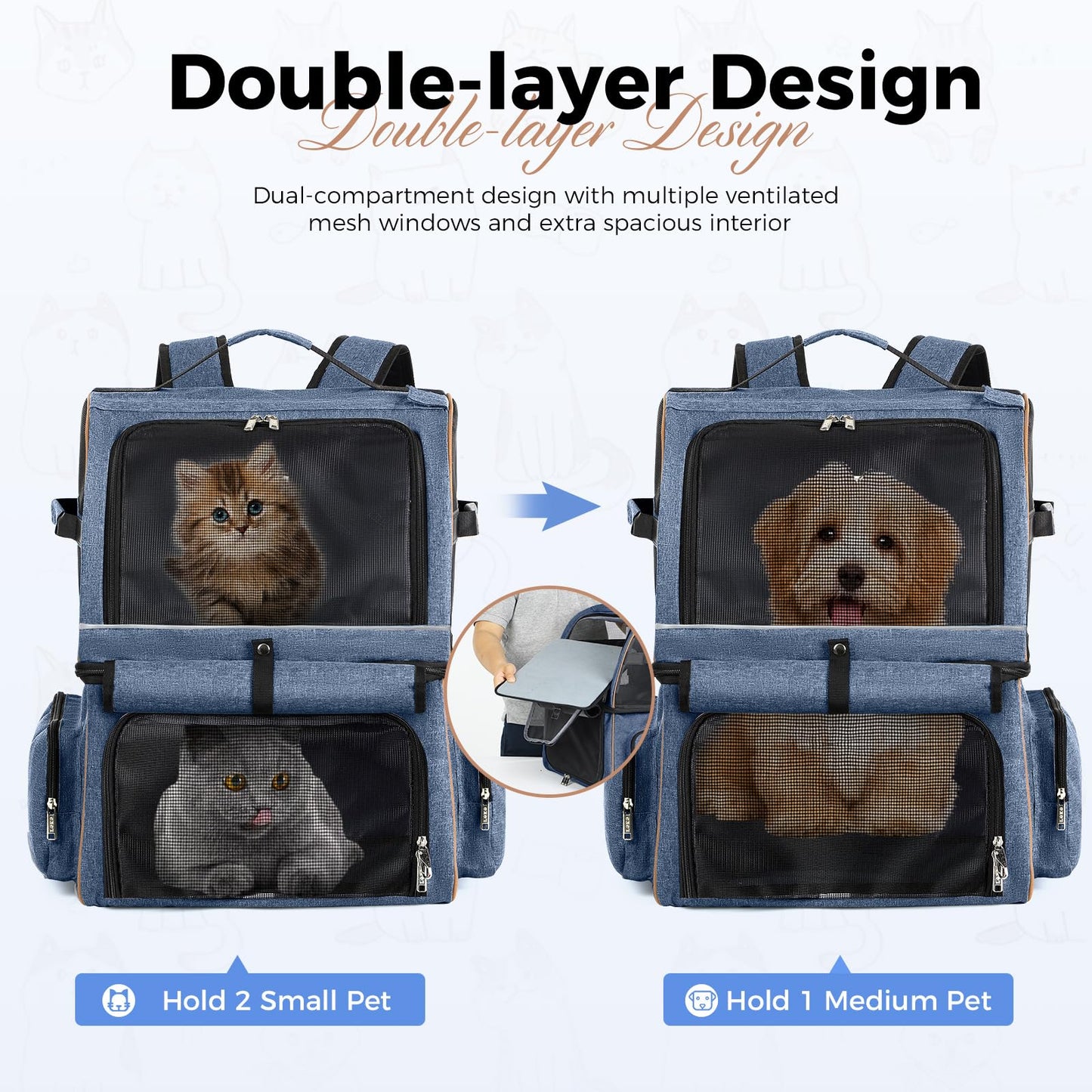 LekeSpring Double-Layered Cat Backpack for 2 Cats Large Cat Carrier Backpack Foldable Pet Backpack for Cats Dogs up to 11kg - Blue