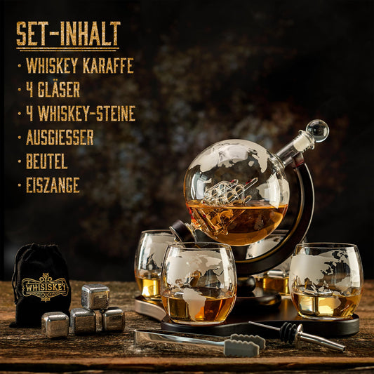 Whiskey Decanter Set - Whiskey Gift Set - Gifts for Men - Men's Gift - Birthday Gift for Men - Globe Decanter 900ML, Gift Box, 4 Whiskey Glasses, 4 Whiskey Stones