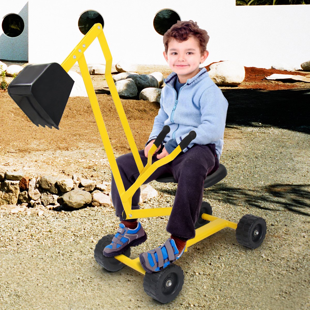 COSTWAY Sit-On Excavator 360° Rotatable, Metal Excavator with Shovel & Wheels, Sandbox Excavator, Ride-On Sand Digger for Kids 3+ Years (Yellow)