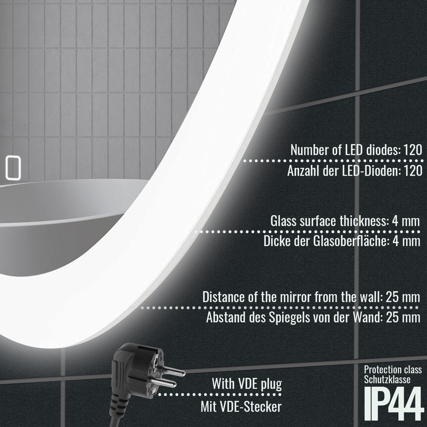 Aquamarin® LED bathroom mirror - Round 60/70/80 cm, Fog-free, Dimmable, Energy-saving, Touch, 3000-7000K, Model selection bathroom mirror, LED mirror, Light mirror, Wall mirror (Ø 70cm)