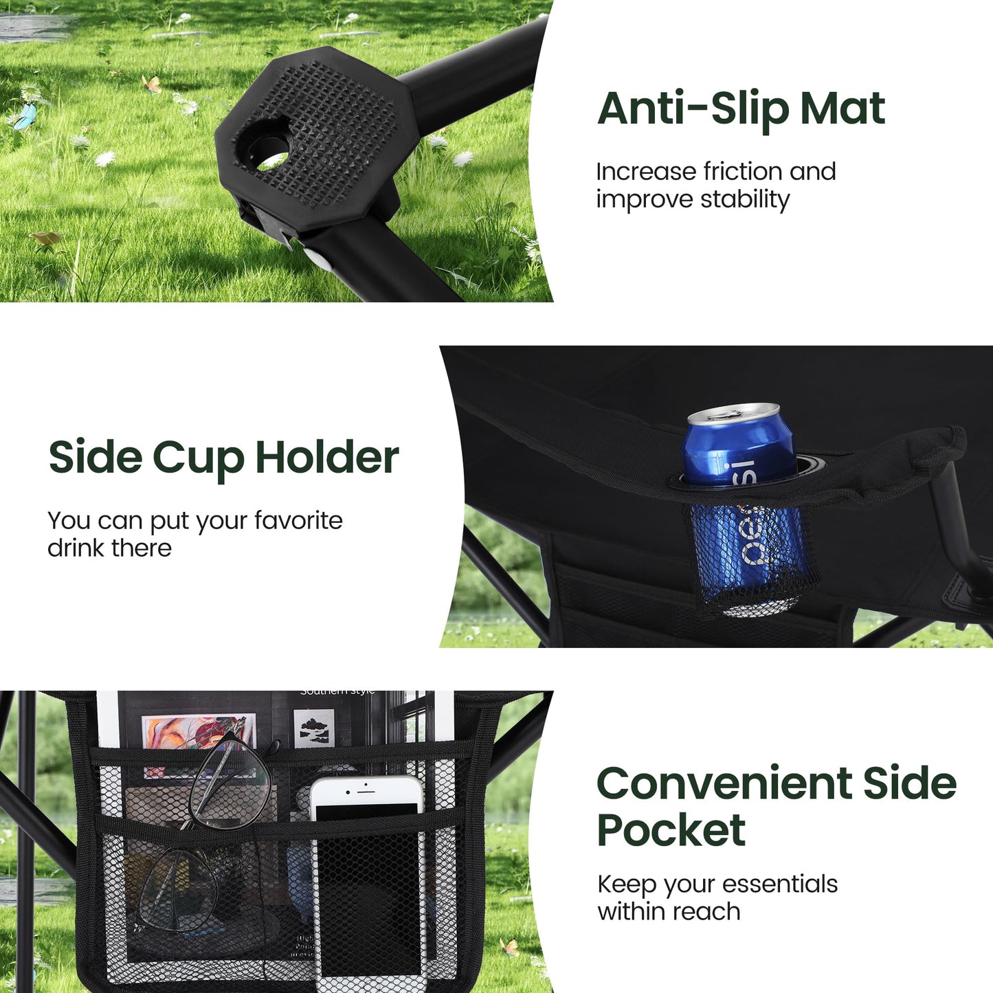 HIGH POINT SPORTS Folding Camping Chair 2-Pack up to 225 lbs Camping Chair with Drink Holders Foldable Camp Chair with Armrests Outdoor Chair (Black)