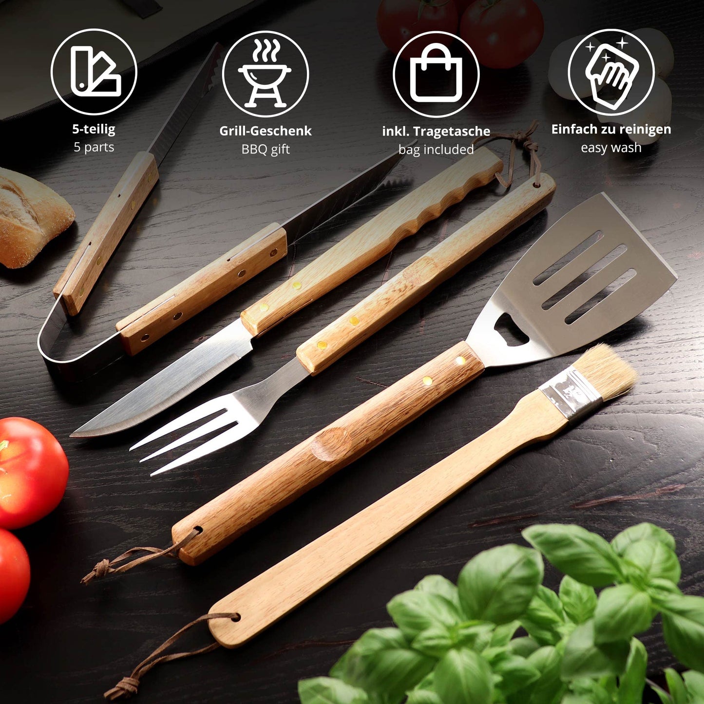 BBQ utensil set (5 pieces): Includes grill tongs, meat fork, grill knife, brush, and grill spatula. Comes with carrying bag, perfect grilling accessories for men. Made of stainless steel.