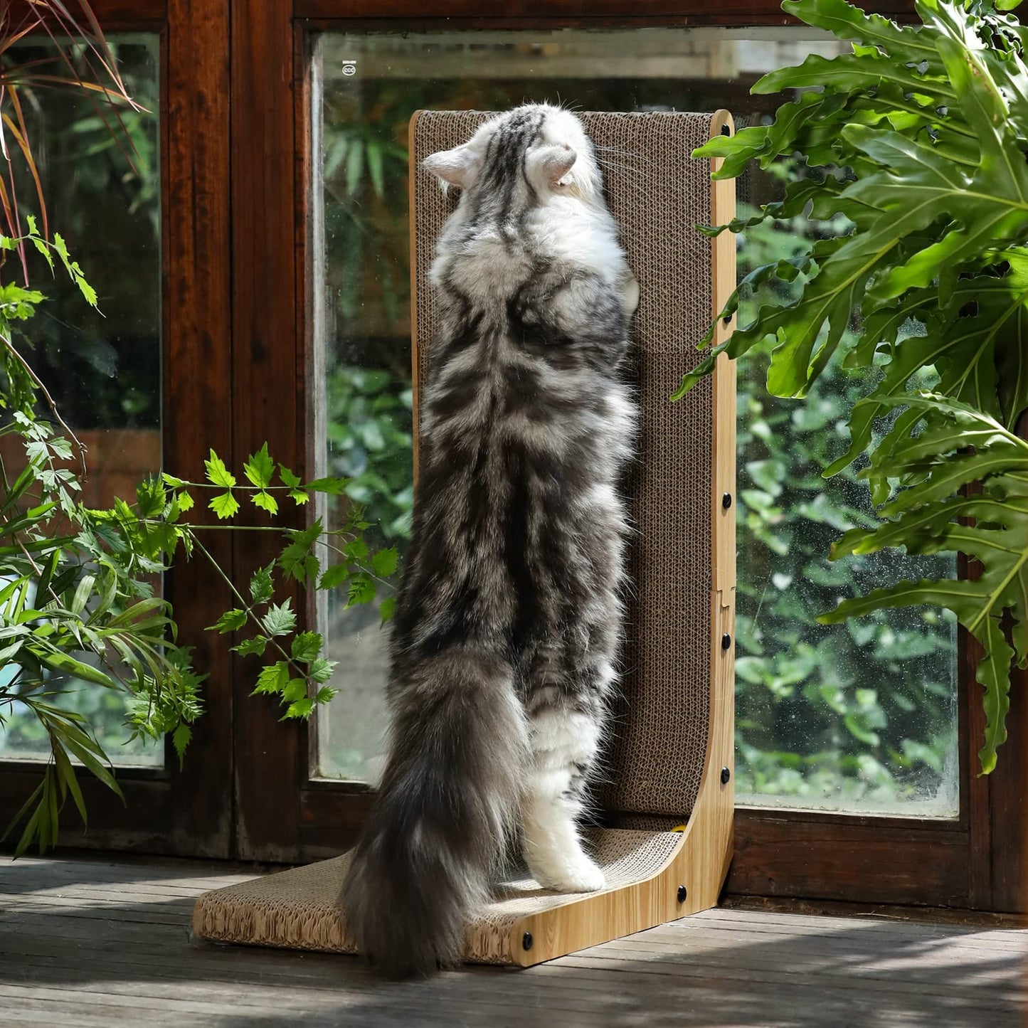 FUKUMARU Cat Scratching Board, 68 cm tall L-shaped cardboard scratch pad for cats, durable cat scratching board with ball toy, premium cardboard cat scratcher for wall and corner, large size.