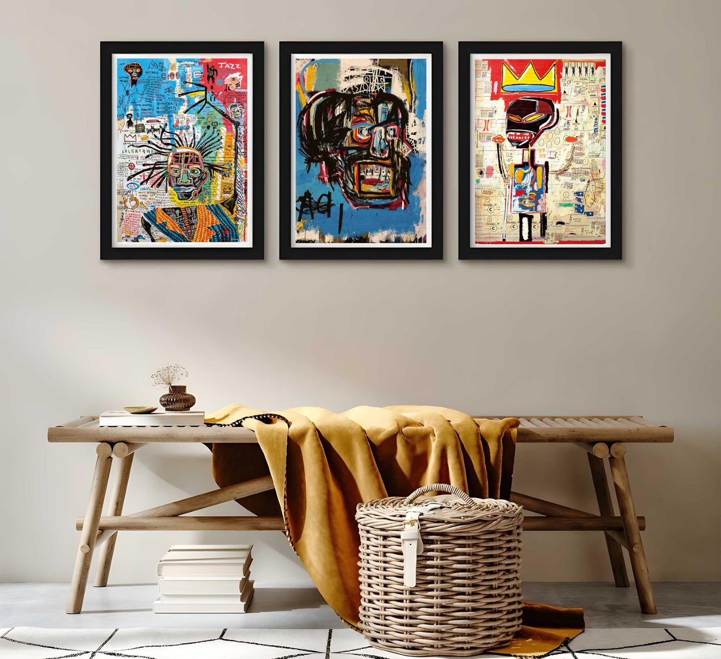 3 pieces Jean-Michel Basquiat modern street graffiti wall art abstract poster print wall decoration artist blue print canvas painting for living room bedroom bathroom office home decorations
