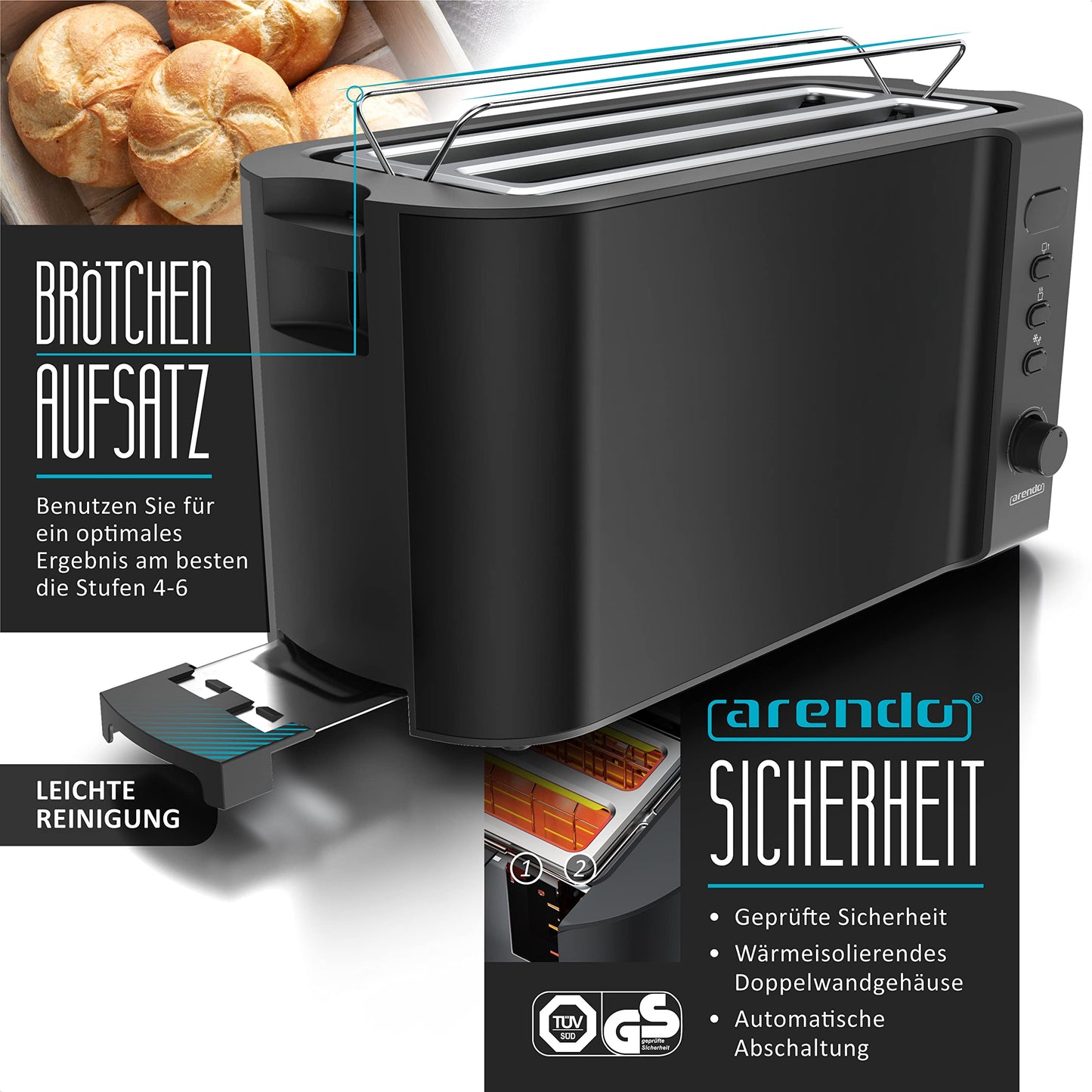Arendo - Kettle with Toaster Set Stainless Steel Black, Kettle 1.5L 40°-100°C Keep Warm Function, Toaster 4 slices LED Display 6 Browning Levels Bun Attachment