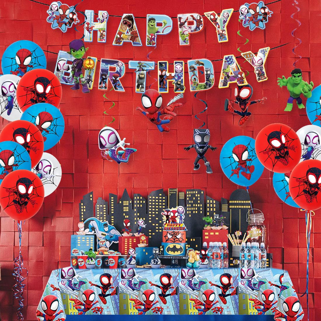 Birthday decoration Spider, decoration birthday kids, Spider superhero birthday set boys, balloon set with tablecloth and backdrop, birthday decorations for themed parties.