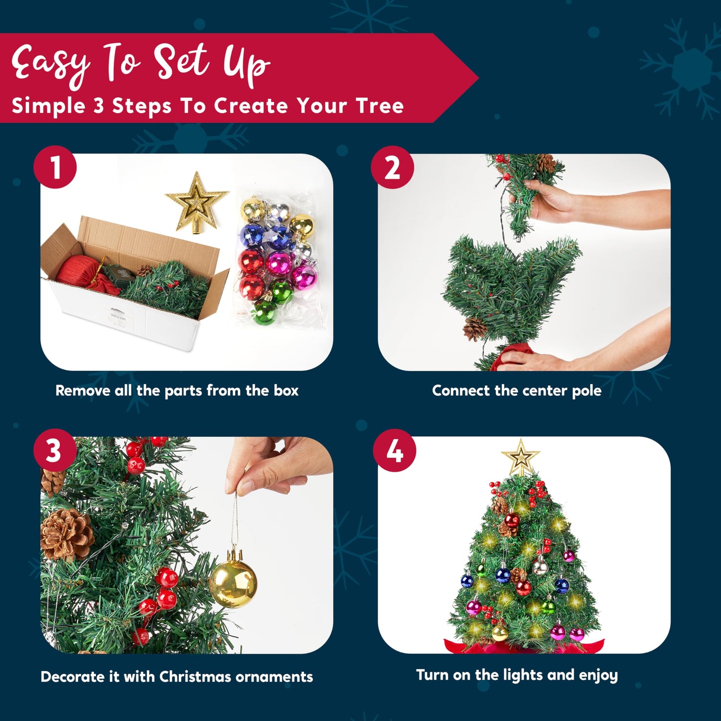 JOIEDOMI 24"/2FT Pre-lit Tabletop Christmas Tree with warm lights, holly berries, and pine cones for a beautiful Christmas decoration.