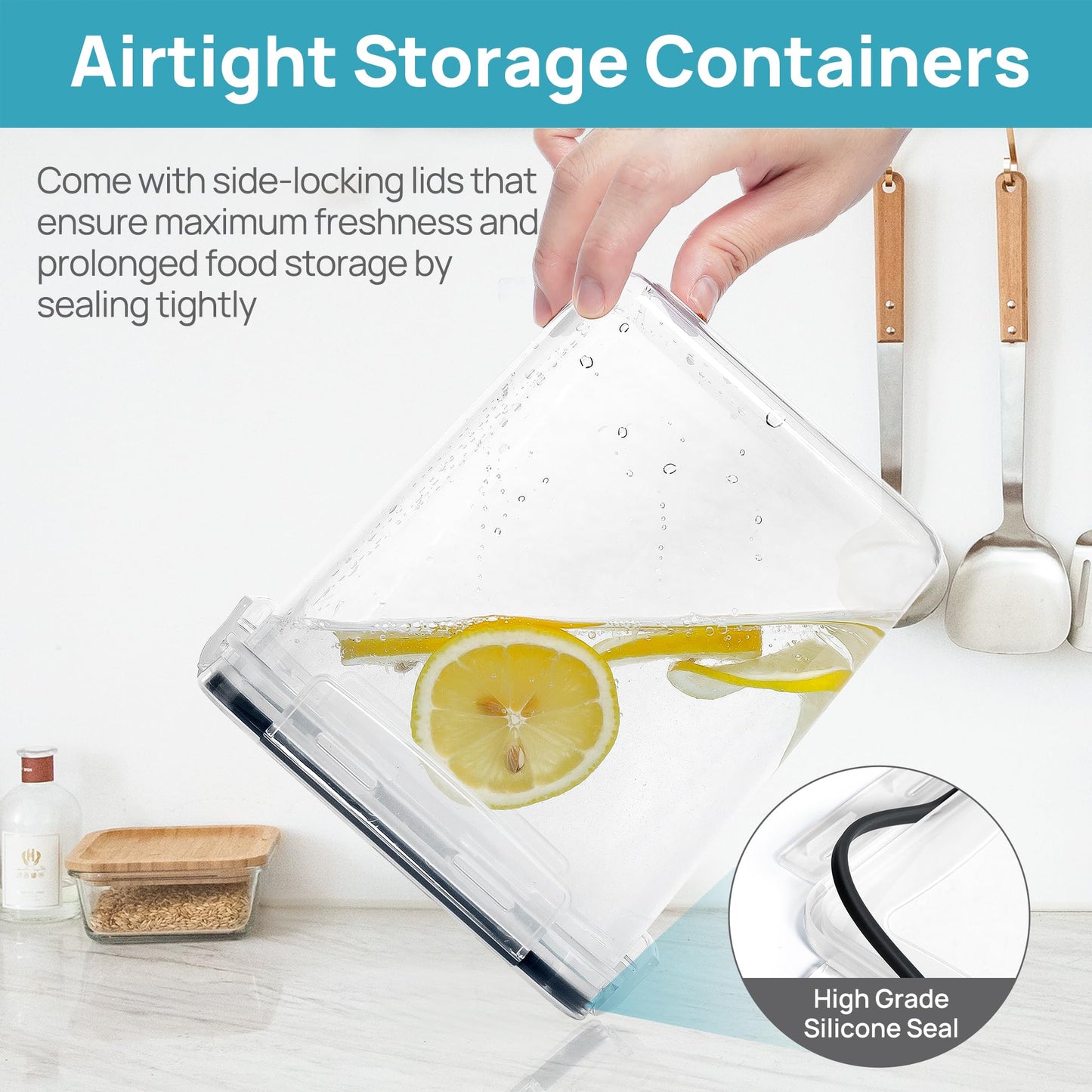 Vtopmart 10-piece set of large airtight storage containers with lids 6.5L, for flour and sugar storage, kitchen storage box for flour, cereal and sugar, BPA free, black.