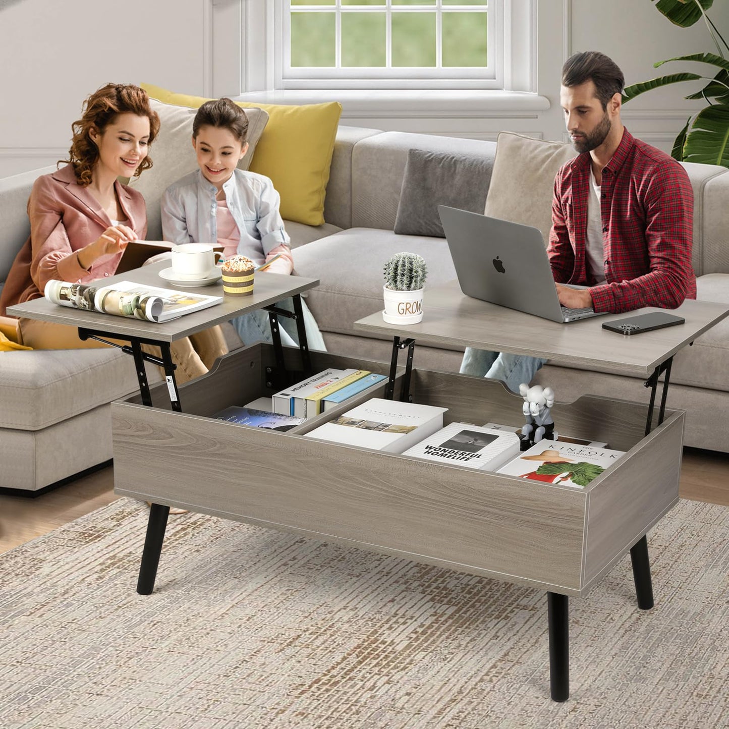 VOWNER coffee table, adjustable height, retractable, hidden storage compartment, double lift top, side table, light gray.