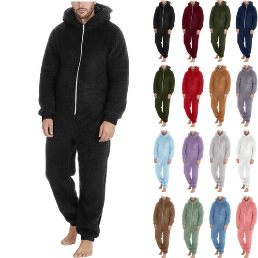 Men's teddy fleece jumpsuit onesie in large size, perfect for winter nights. Warm and fluffy with a hood, this cozy sleepwear is great for lounging around.