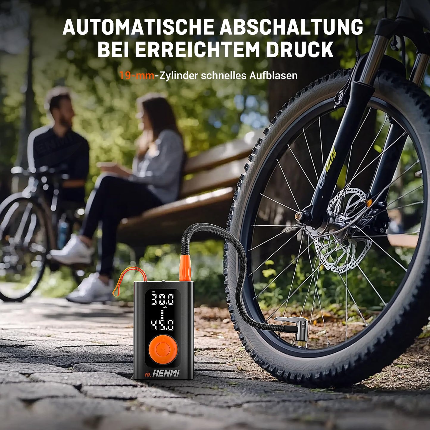 HENMI Electric Air Pump 7500mAh, Portable Mini Compressor with all valves 10.3 Bar, Electric Bicycle Pump with Digital Display Gauge for Bicycle, E-Bike, Car, Motorcycle, Balls.