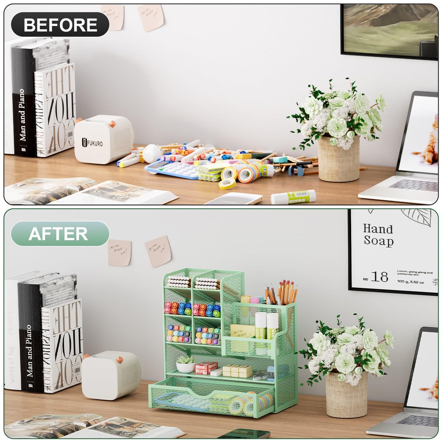 Marbrasse Mesh Desk Organizer, Multifunctional Pen Holder with Drawer, Storage Shelf for School Home Office Supplies (Green)