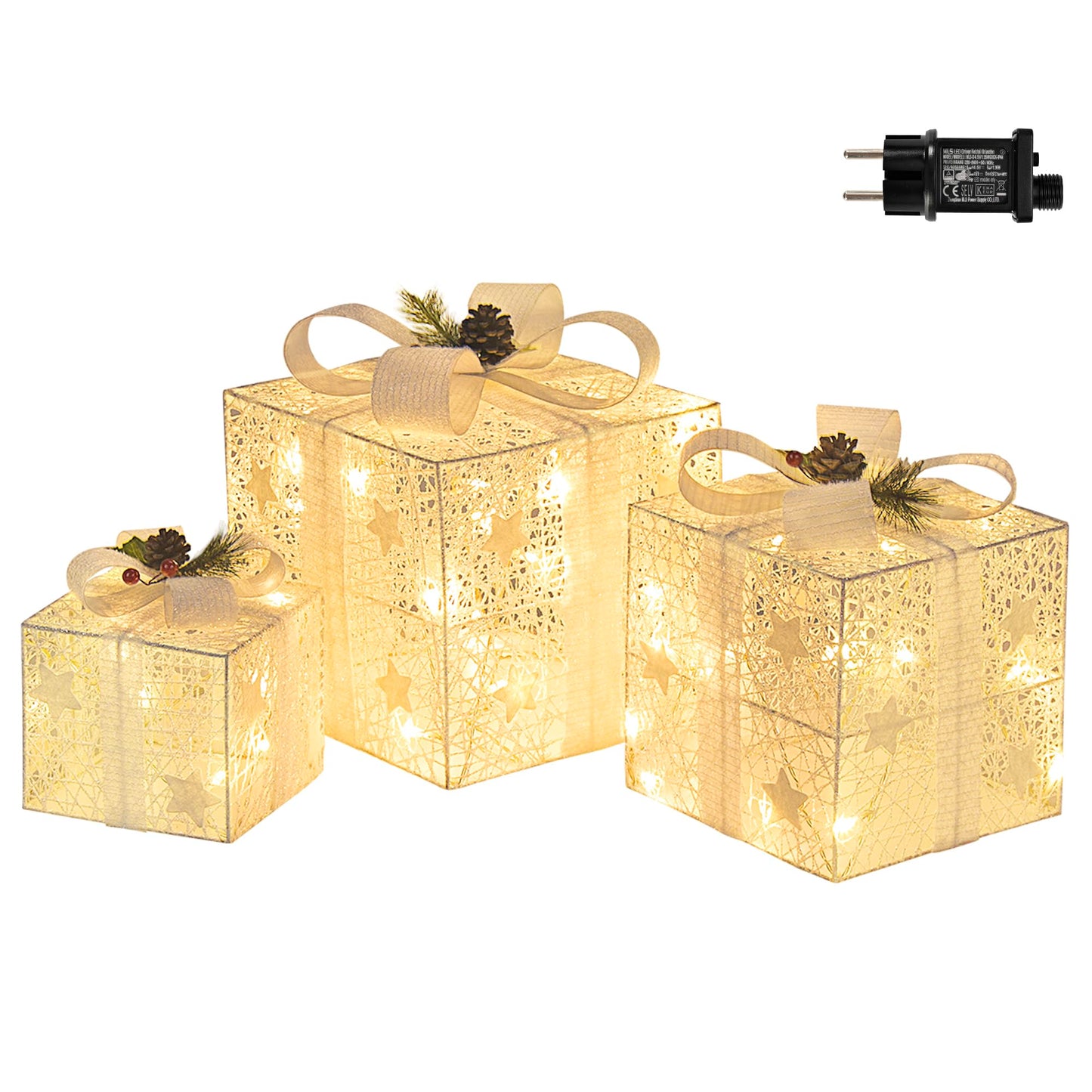 GIGALUMI LED Gift Box 3-Piece Set Christmas, 8 Modes 60 LED Glow Christmas Box, String Lights Lightbox with Plug for Indoor, White Christmas Decoration Xmas Decor Warm White