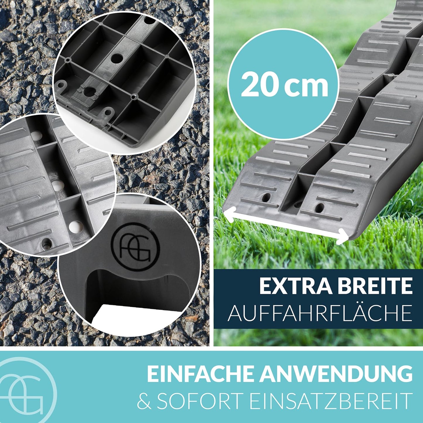 AG Automotive leveling ramps, leveling blocks for motorhomes, campers, and caravans. Womo Level Up ramp in gray for leveling on uneven surfaces while camping.