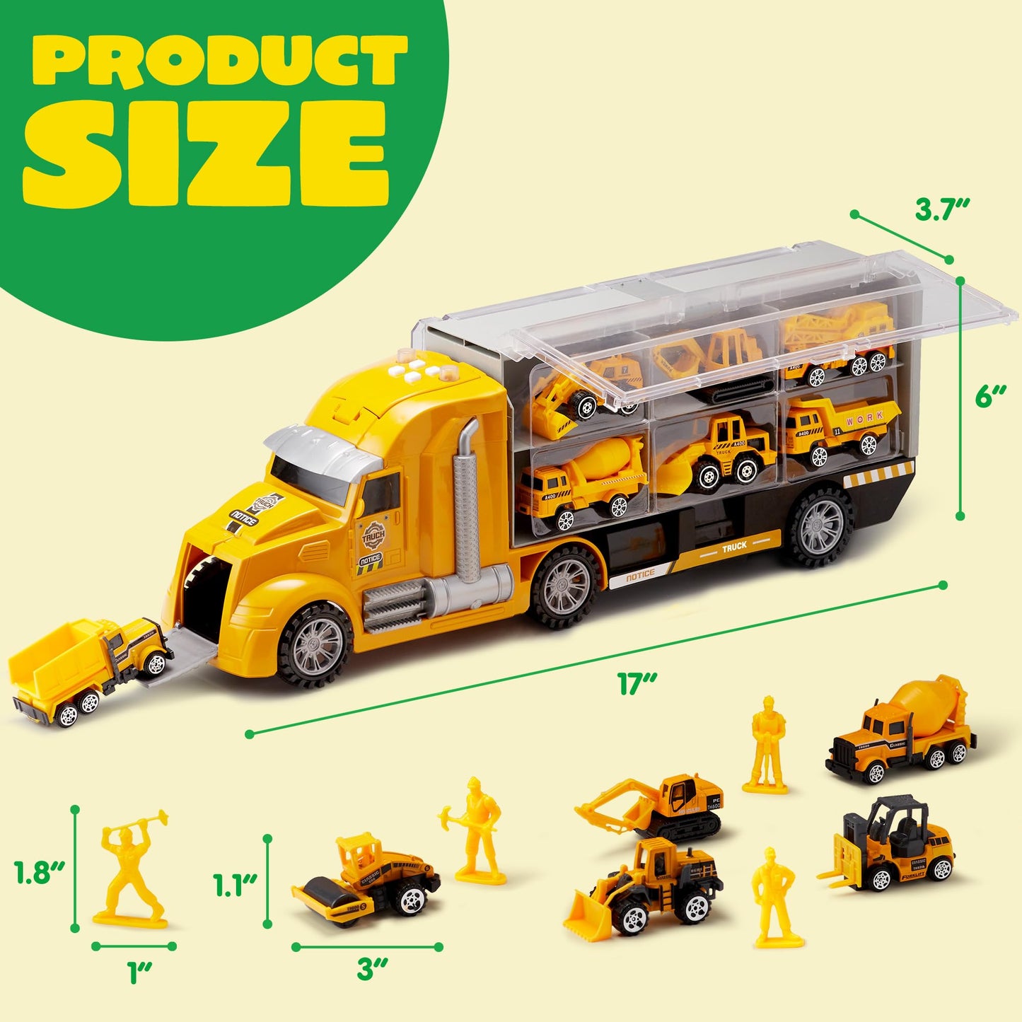 JOYIN 25-in-1 Die-cast Construction Vehicle Toy Set (including transport truck, excavator, dump truck, tractor) with sounds and lights in the transporter, kids gifts for boys aged 3 and up.