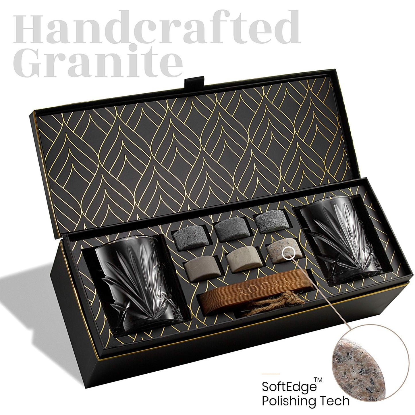 Whiskey Stones Set - 6 Handcrafted Round Granite Whiskey Stones - 2 Whiskey Glasses - Hardwood Presentation and Storage Board - Whiskey Gift Set Box with Gold Foil by Rocks