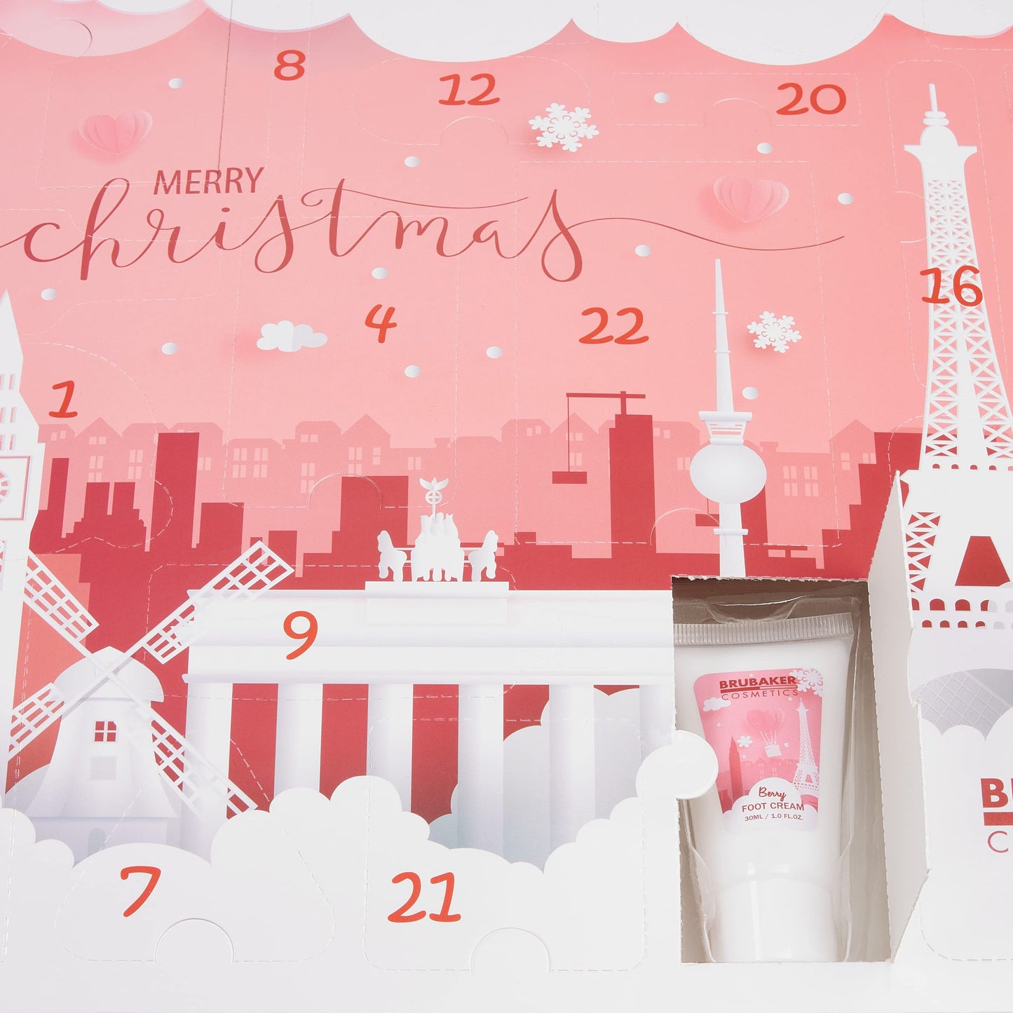 BRUBAKER Cosmetics Beauty Advent Calendar 2025 - the XXL wellness Christmas calendar for women and girls - 24 x body care products & spa accessories - city landmarks pink.