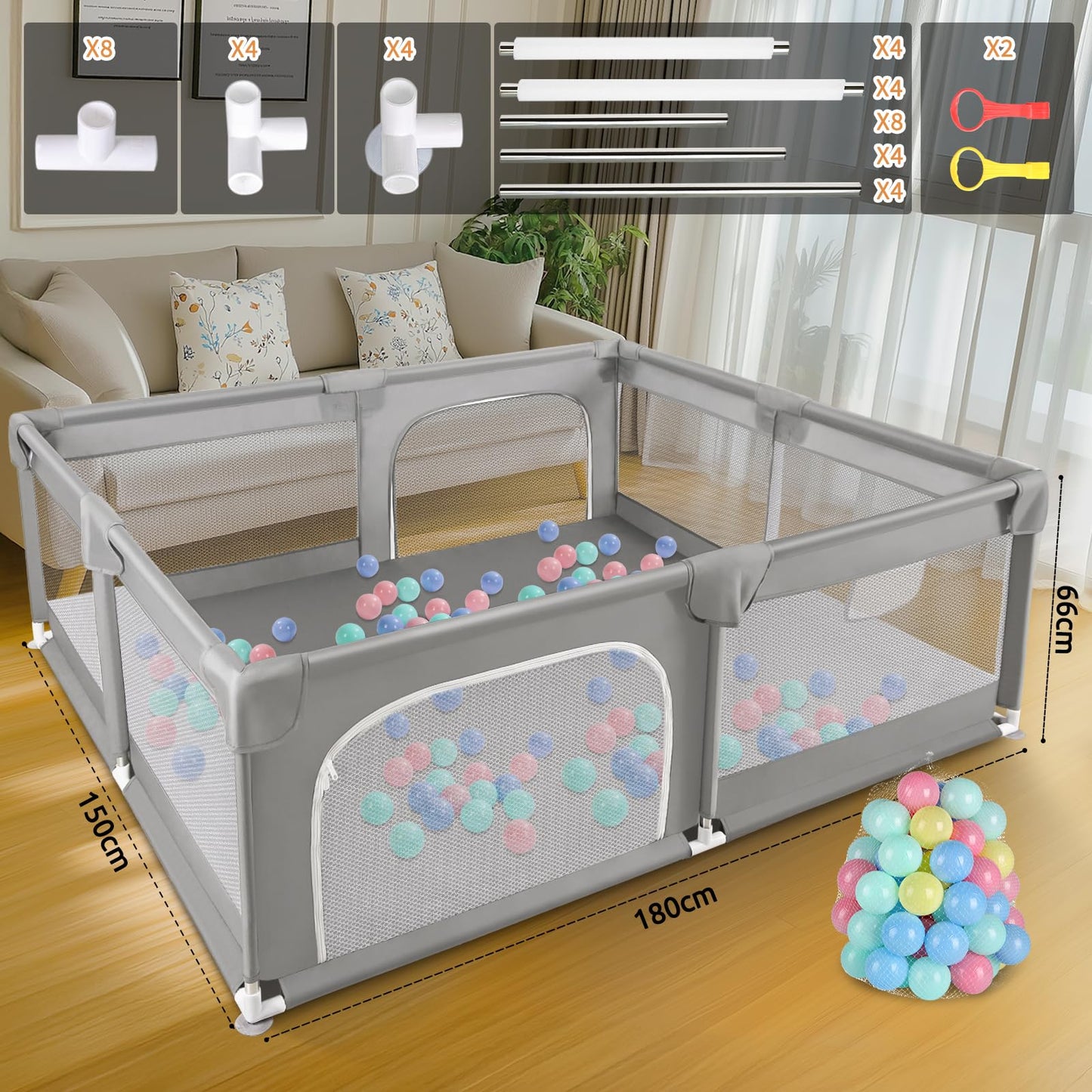 Sour Lemon Baby Playpen Playpen baby, children's fence with anti-collision foam barrier with breathable mesh, children safety playground, Including 50 Ocean Balls and 4 Pull Rings