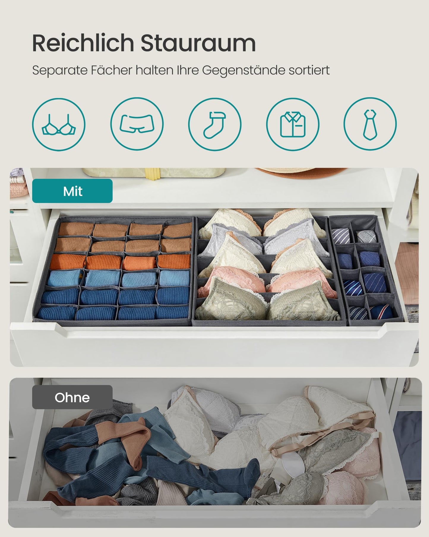 SONGMICS Underwear Organizer 8-Pack, Foldable Drawer Organizer, Closet Organization System, Storage Box, Fabric Storage Boxes for Bras, Socks, Ties, Grey RUS08GY