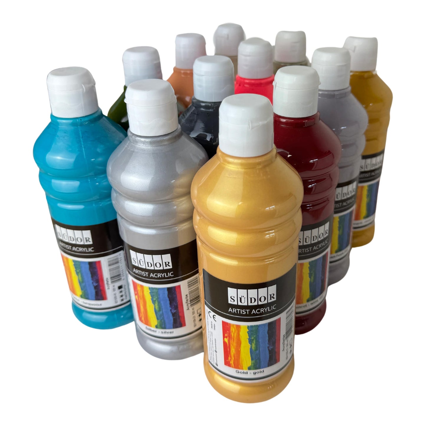 24 color set of acrylic paints, each 500 ml. Highly pigmented and opaque painting colors for canvas, pouring, wood, stone, paper, fabric, metal, etc. All-purpose colors. 24 x 500ml.