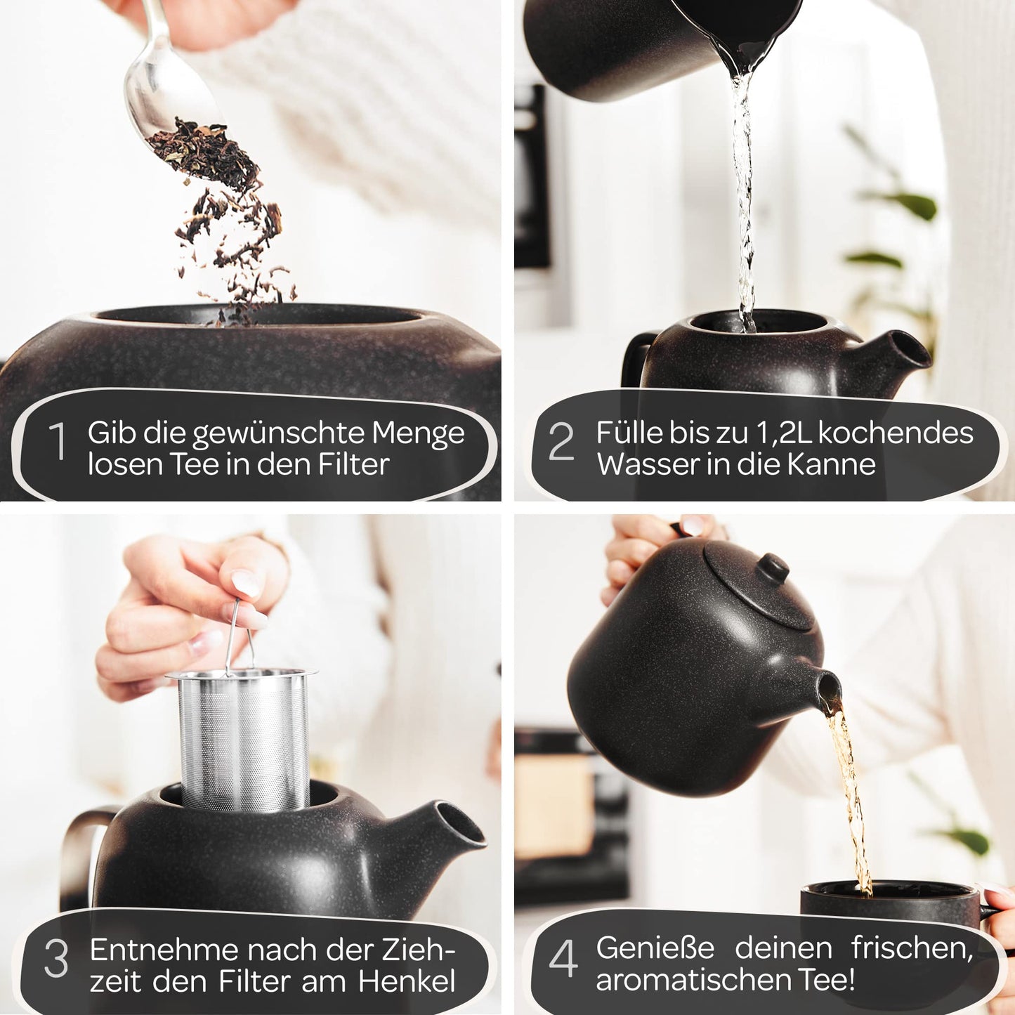STONE AGE design teapot with warmer (1.3L) - with stainless 304 steel infuser - ceramic with unique glaze with removable infuser, black
