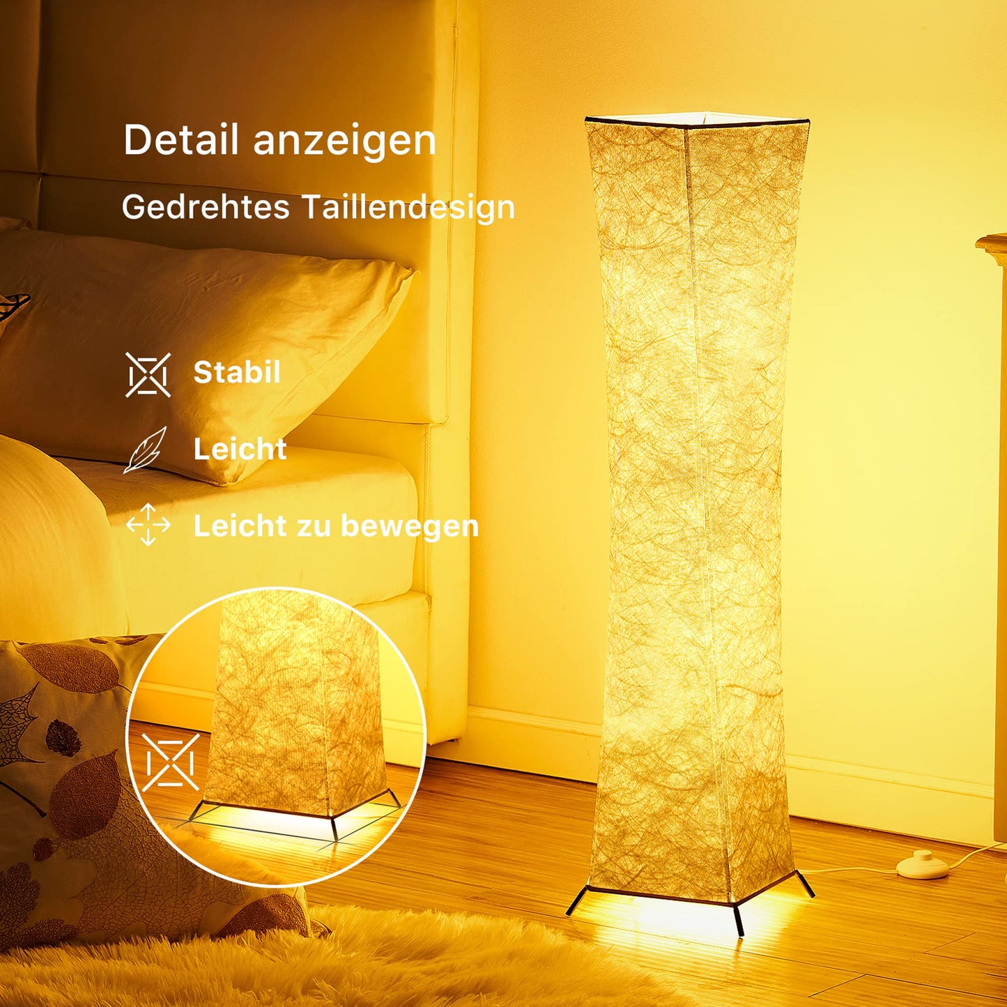 chiphy floor lamp, dimmable, 137 cm (S) tall, 3 levels of adjustable brightness, 12 W x 2 LED bulbs, column floor lamp with white fabric shade, for bedroom, nursery