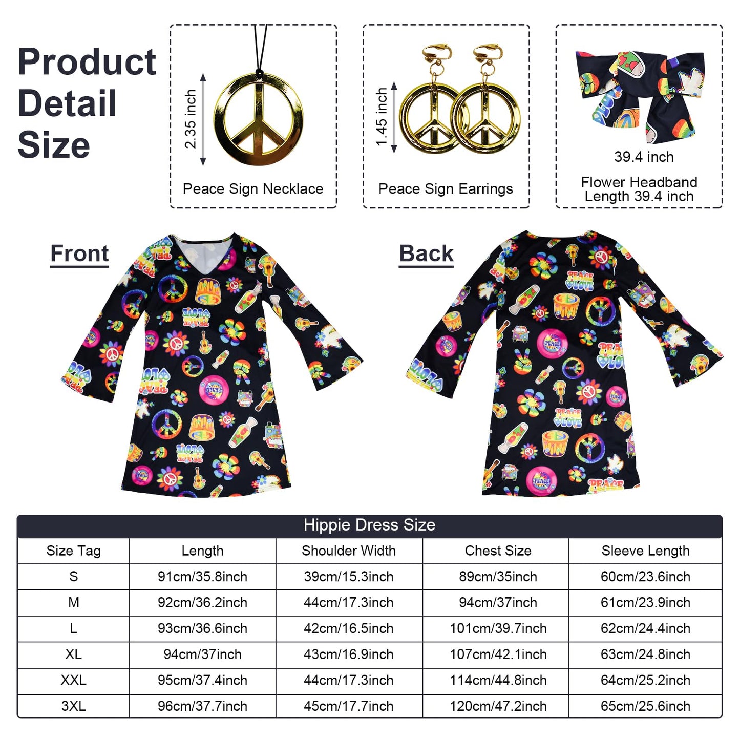 MRYUWB Women's Hippie Dress, 1970s Costume, with necklace, earrings, sunglasses, disco outfit, 1960s party costume, Halloween retro dress (Black, L)