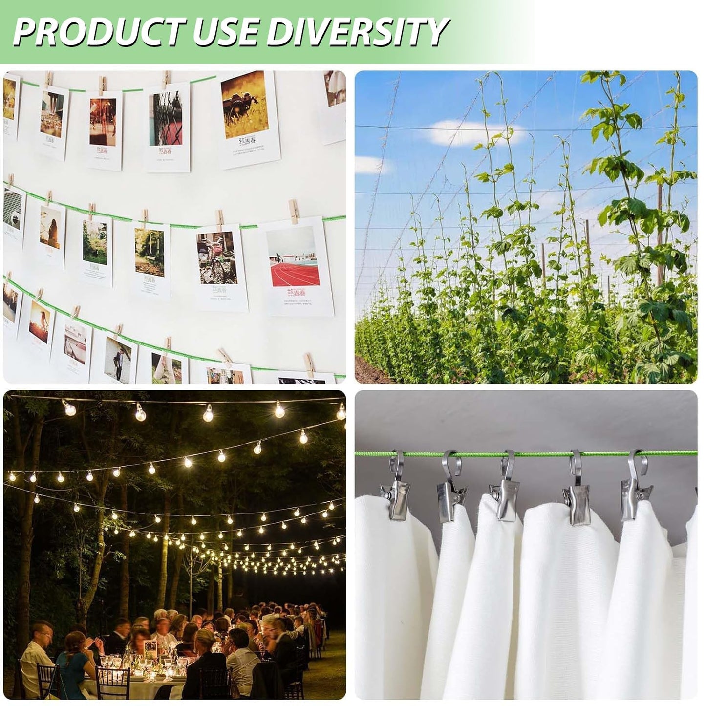 3mm PVC coated wire rope, 30M metal steel wire trellis kit, multi-use clothesline cable for T post | Climbing vine plants outdoors | String light hanging kit