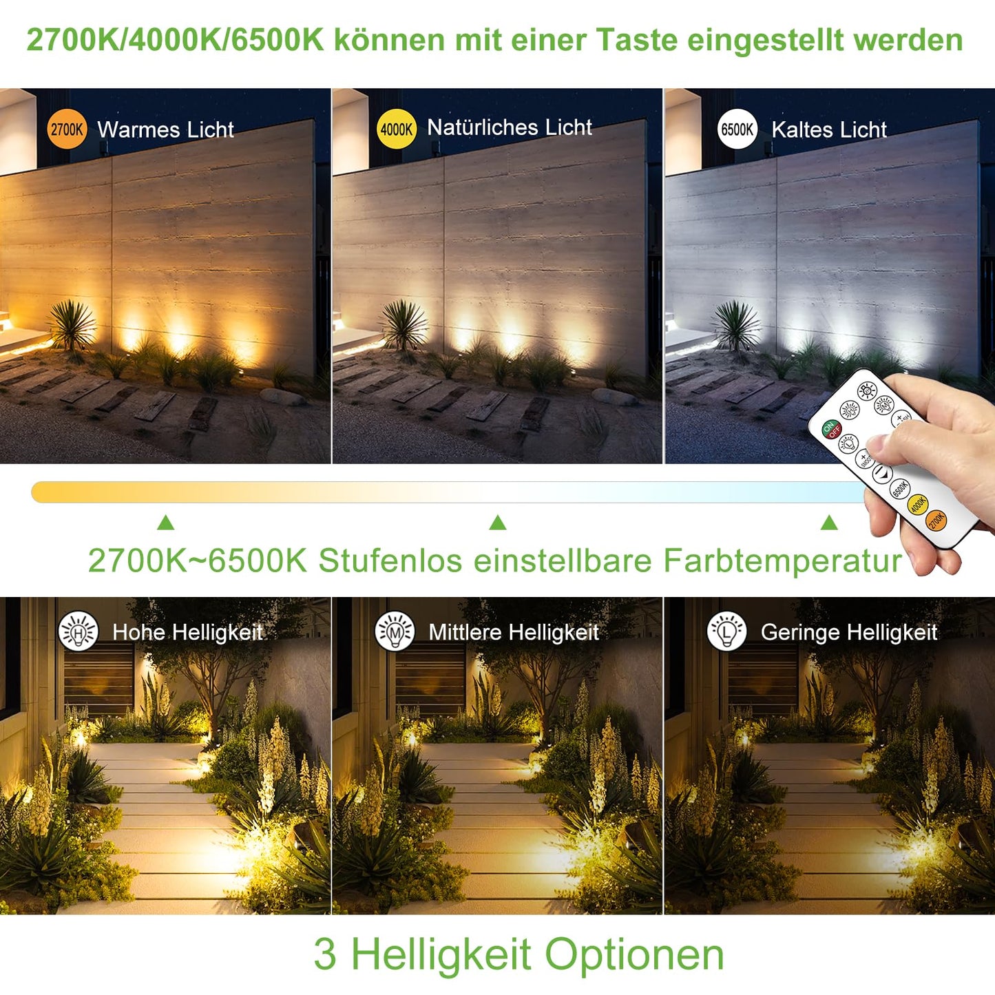 Left outdoor solar spotlights 6 pack with remote control, IP66 waterproof, dimmable with timing function and memory storage. Comes with ground spike for garden bushes and trees.