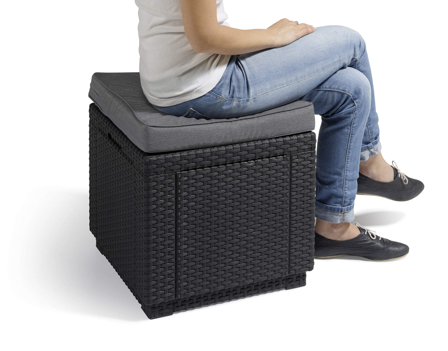 Allibert by Keter Cube Ottoman with Storage, grey, includes cushion, removable lid, flat rattan look, weatherproof, 42x42x39cm