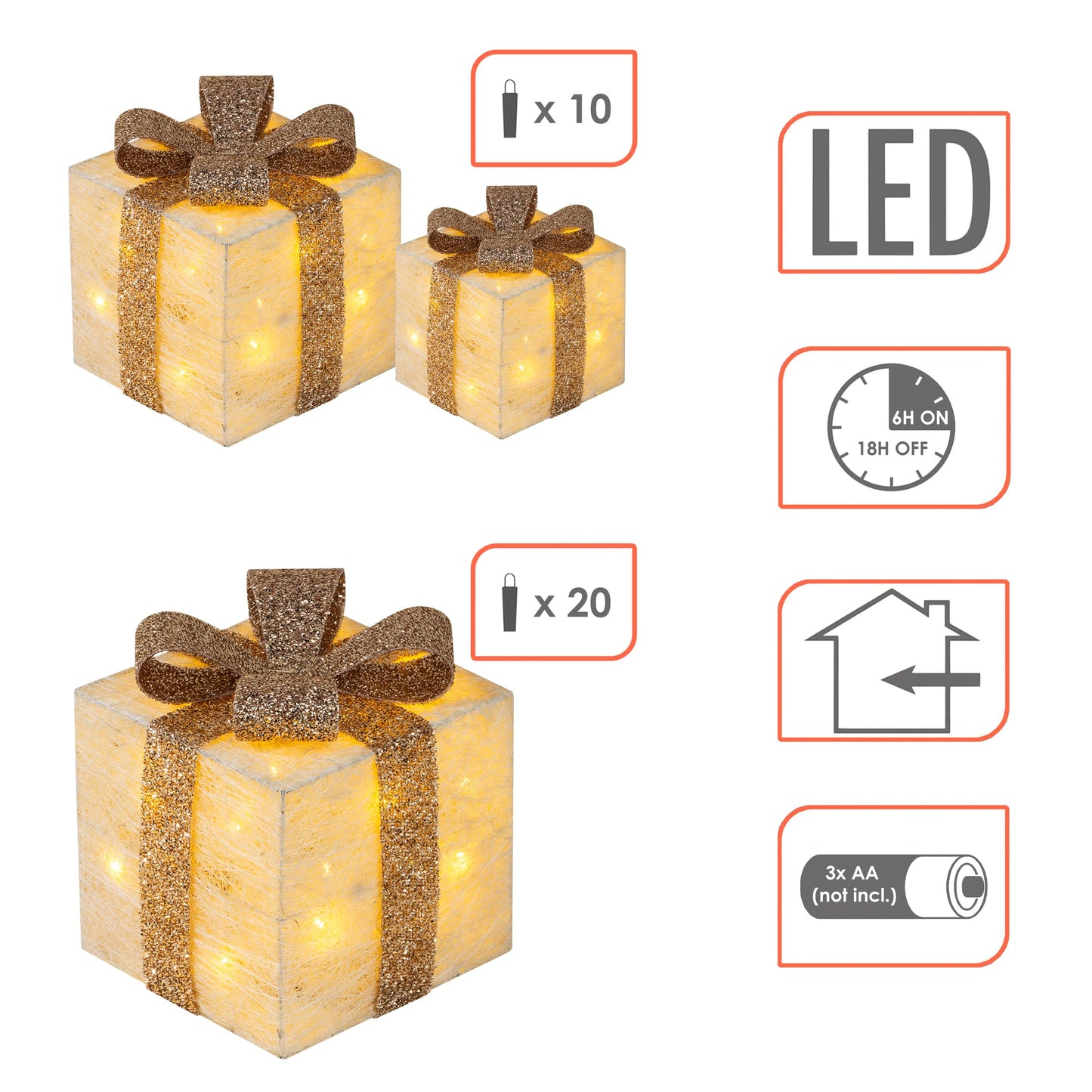 LED gift boxes with timer set of 3 - cream - Christmas decorative boxes illuminated in warm white - Christmas Advent winter tree decoration lighting battery operated