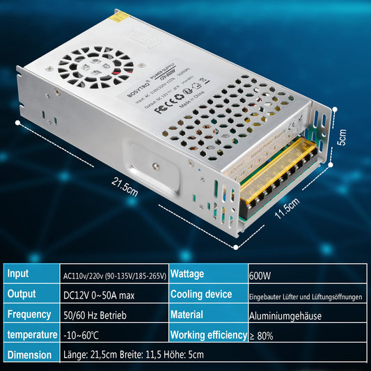 BOSYTRO 12V 50A 600W Switching Power Supply, 12V Universal Regulated Power Supply AC110V/220V (SMPS) LED Transformer for LED Strip Light, CCTV Camera Security System, Radio, Computer Project.