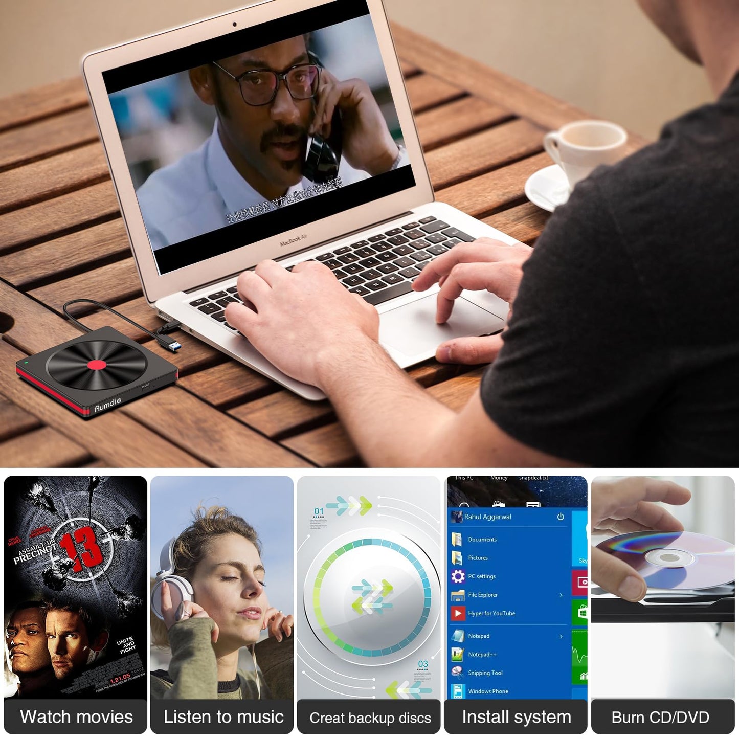 External DVD CD Drive, USB 3.0 & Type-C Portable CD DVD +/-RW Burner Optical Drive External CD ROM/DVD Drive for PC Laptop Desktop MacBook Windows 11/10/8.1/7 Linux/Mac