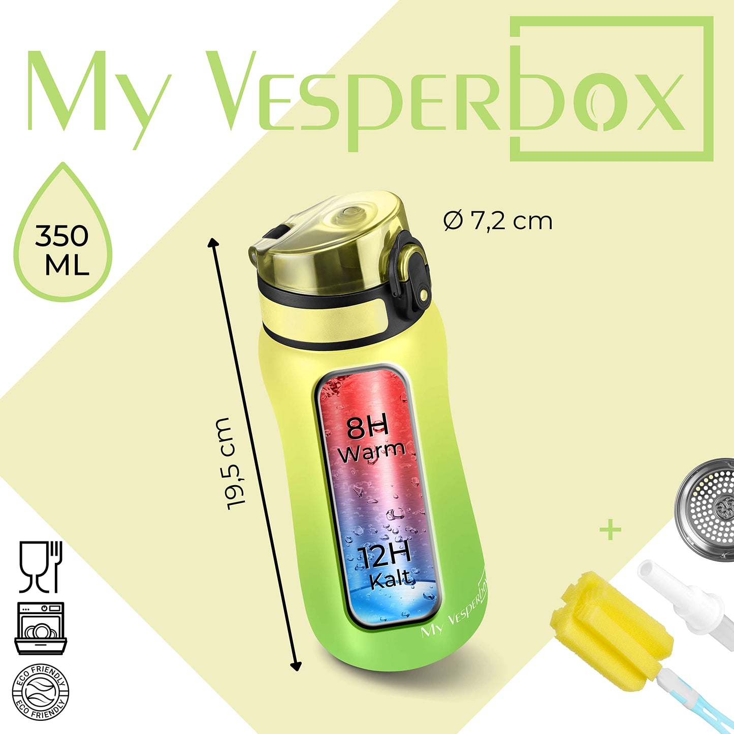 My Vesperbox - Thermo Minny - Stainless steel leak-proof water bottle with straw or sieve - 400ml, 600ml - Durable stainless steel water bottle for kids and adults - BPA free (Green - Yellow, 400ml)