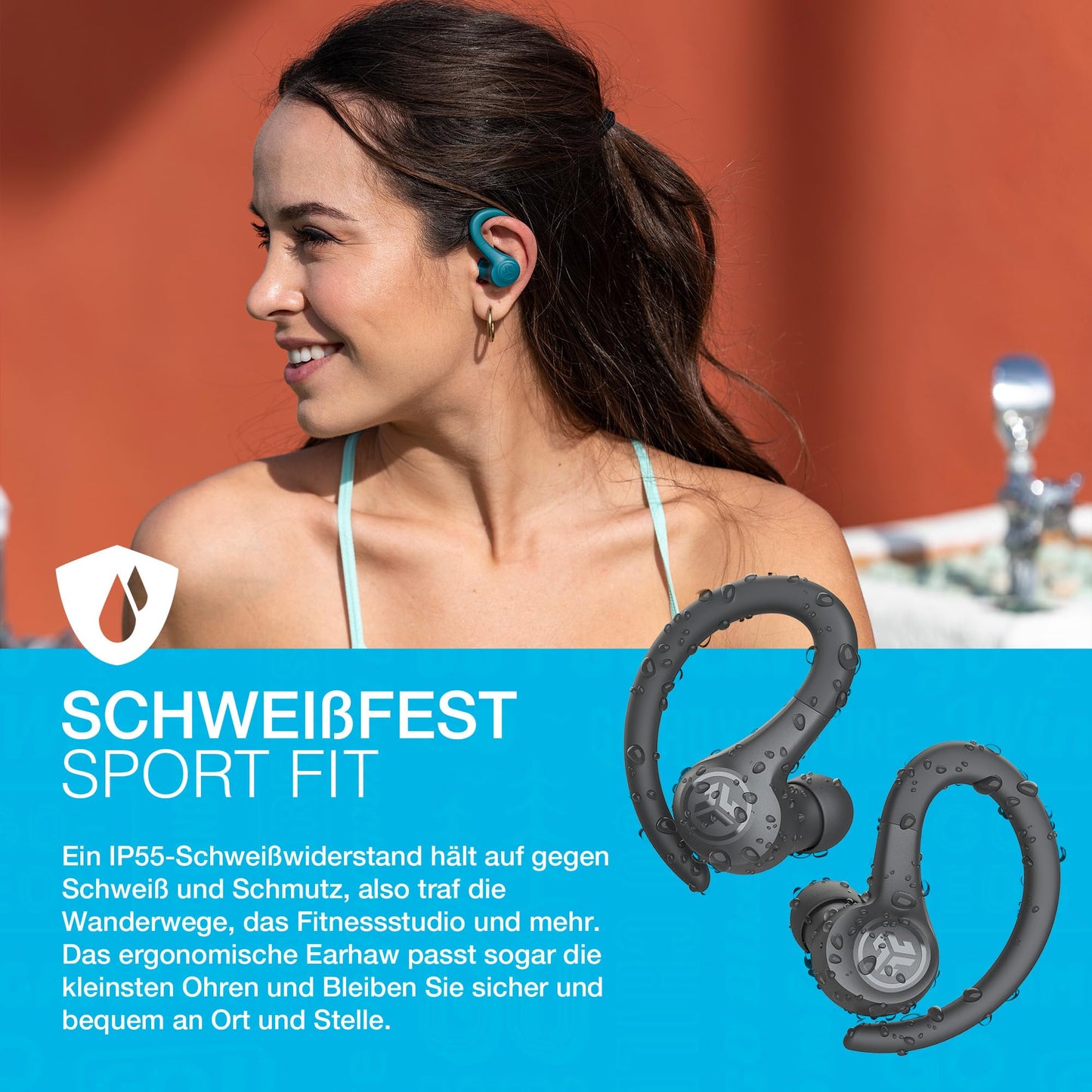JLab Go Air Sport, wireless in-ear headphones, Bluetooth Sport headphones - Sport earbuds, 32+ hours, USB charging case, 3 EQ sound - True wireless headphones for gym, running, teal.