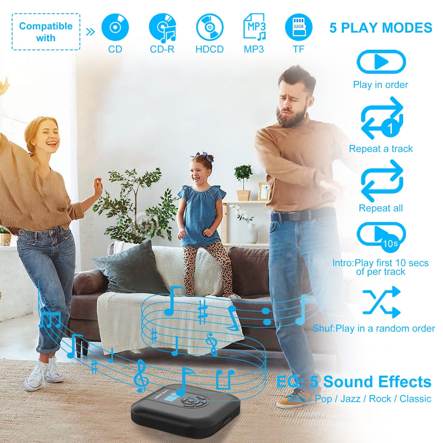 Portable CD Player, MONODEAL Bluetooth Portable, Rechargeable with Speaker and FM Transmitter, Discman CD Player for Car, Anti-Skip small with Headphones