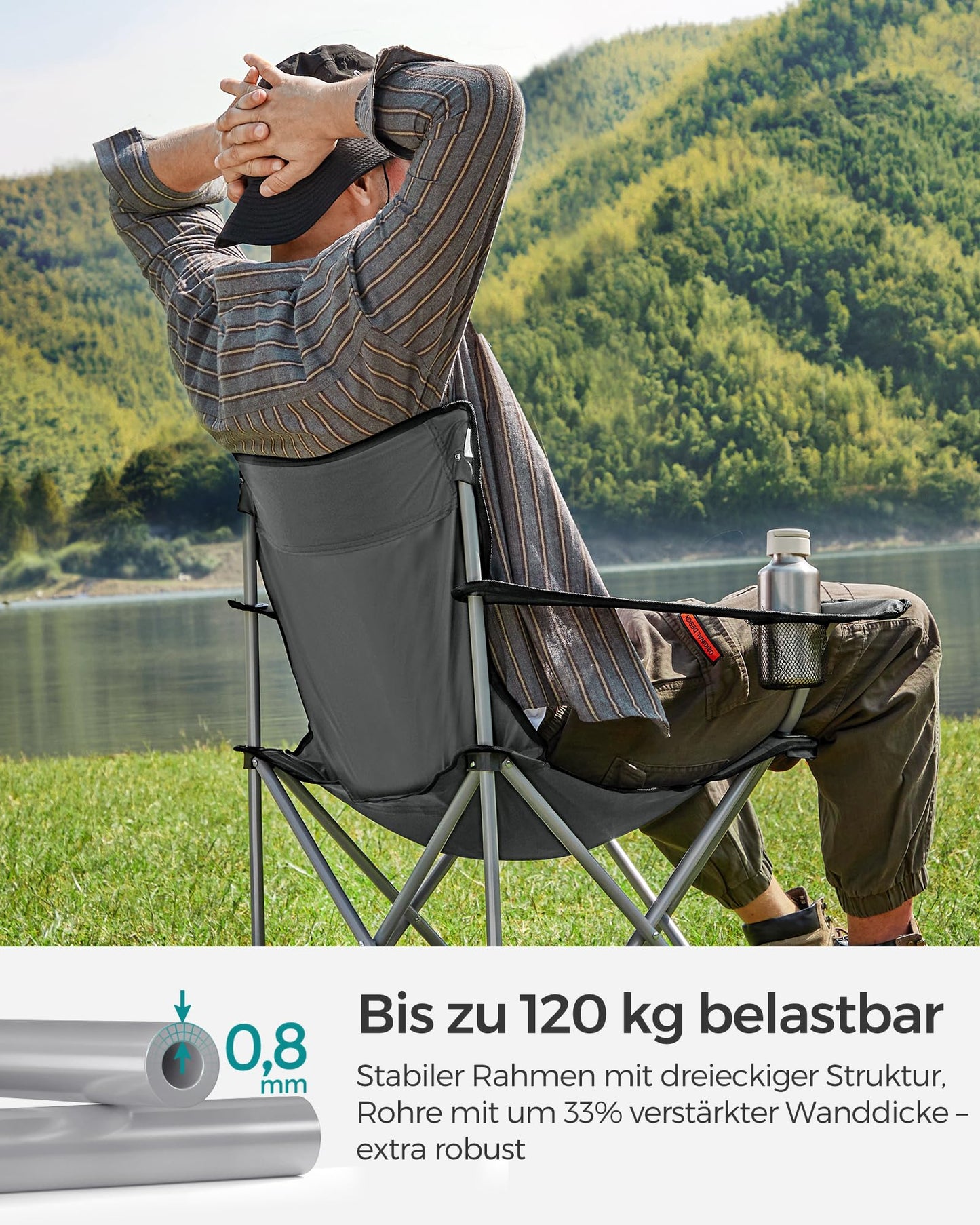 SONGMICS Camping Chair, Set of 2, Folding Chair for Outdoor, Fishing Chair with Armrests, Cup Holder, Portable, Foldable, Holds up to 120 kg, Camping, Garden, Beach, Patio, Slate Gray GCB001G11