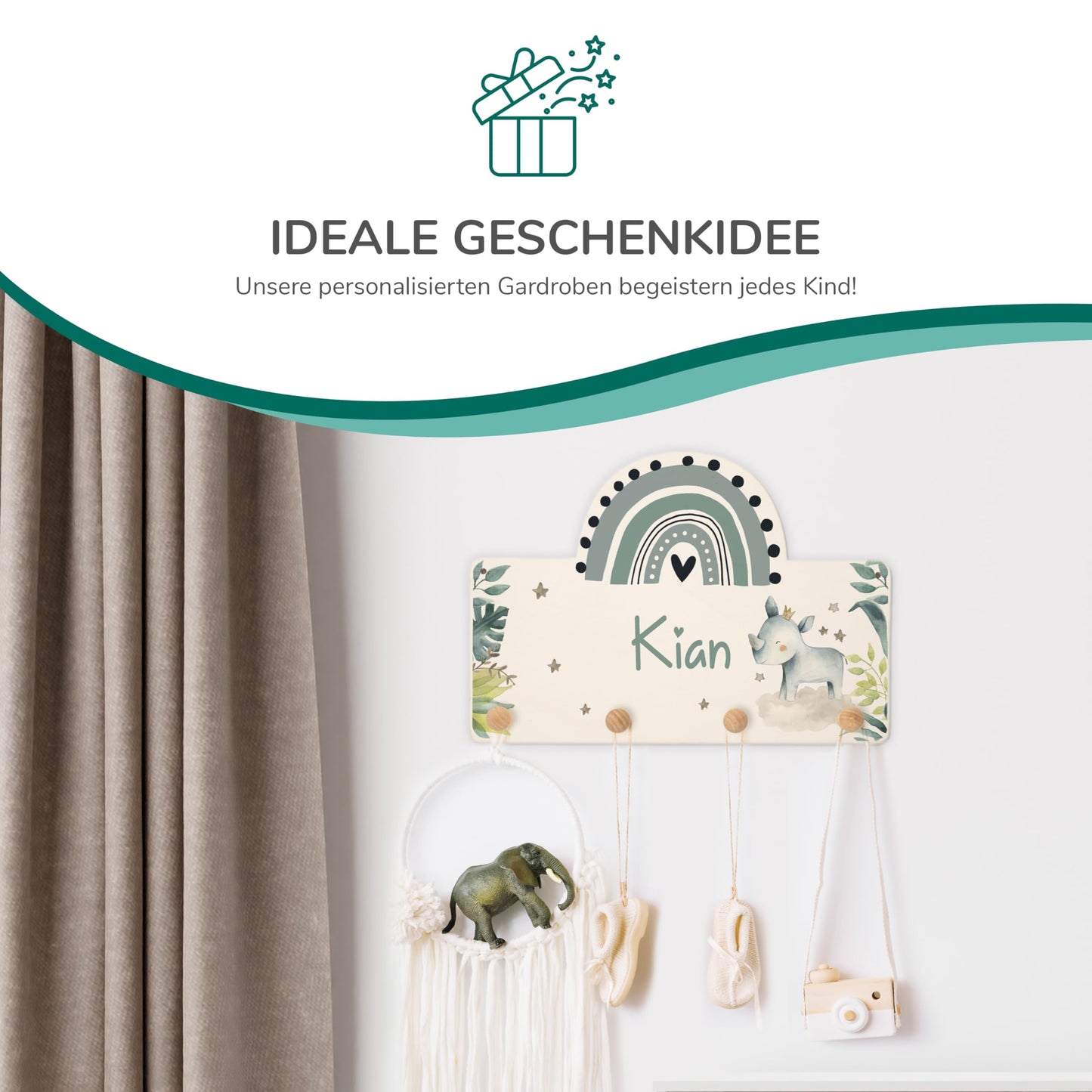 KIDSMOOD personalized wall coat rack with custom name, wooden hooks with cute animal design for nursery, unique coat rack for children's room.