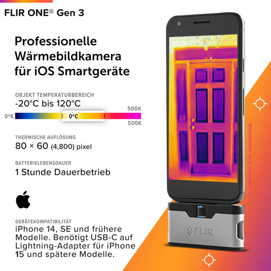 FLIR ONE Gen 3 - Thermal camera for iOS smartphones (iPhone 14 and older with Lightning connector): Used for home inspections, HVAC, automotive, and more.