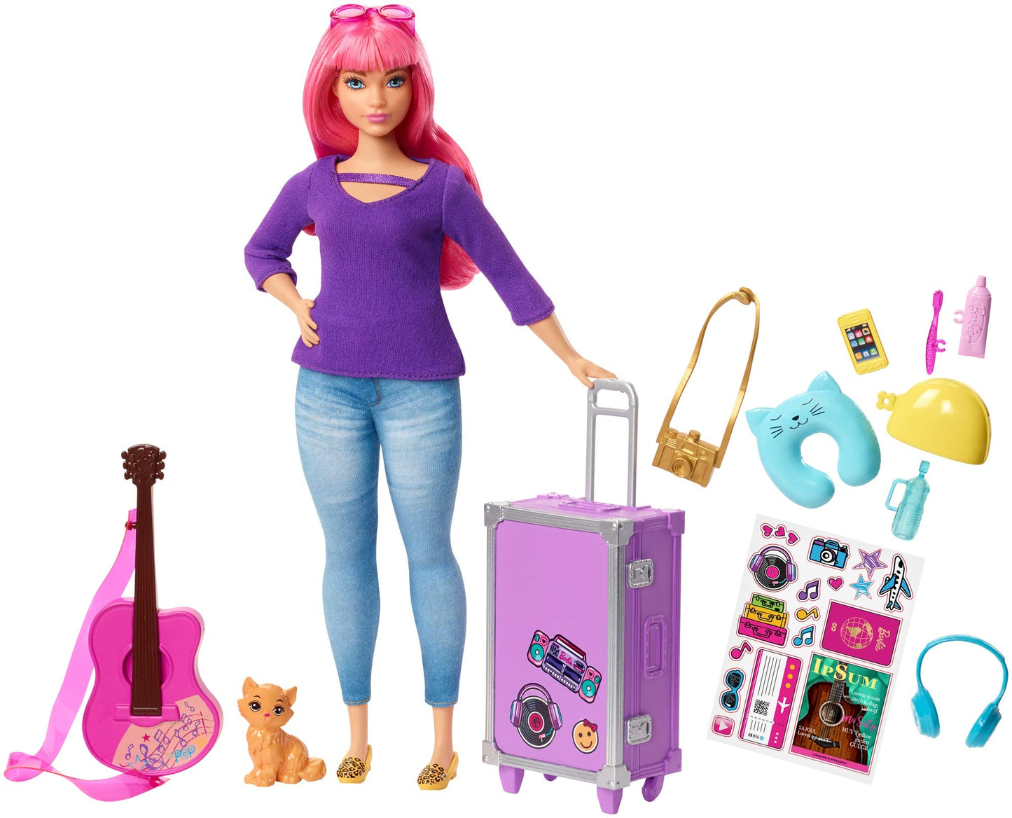 Barbie FWV26 doll Daisy (curvy with pink hair) and kitten, guitar, opening suitcase, stickers, and nine accessories, toy gift for children ages 3-7.