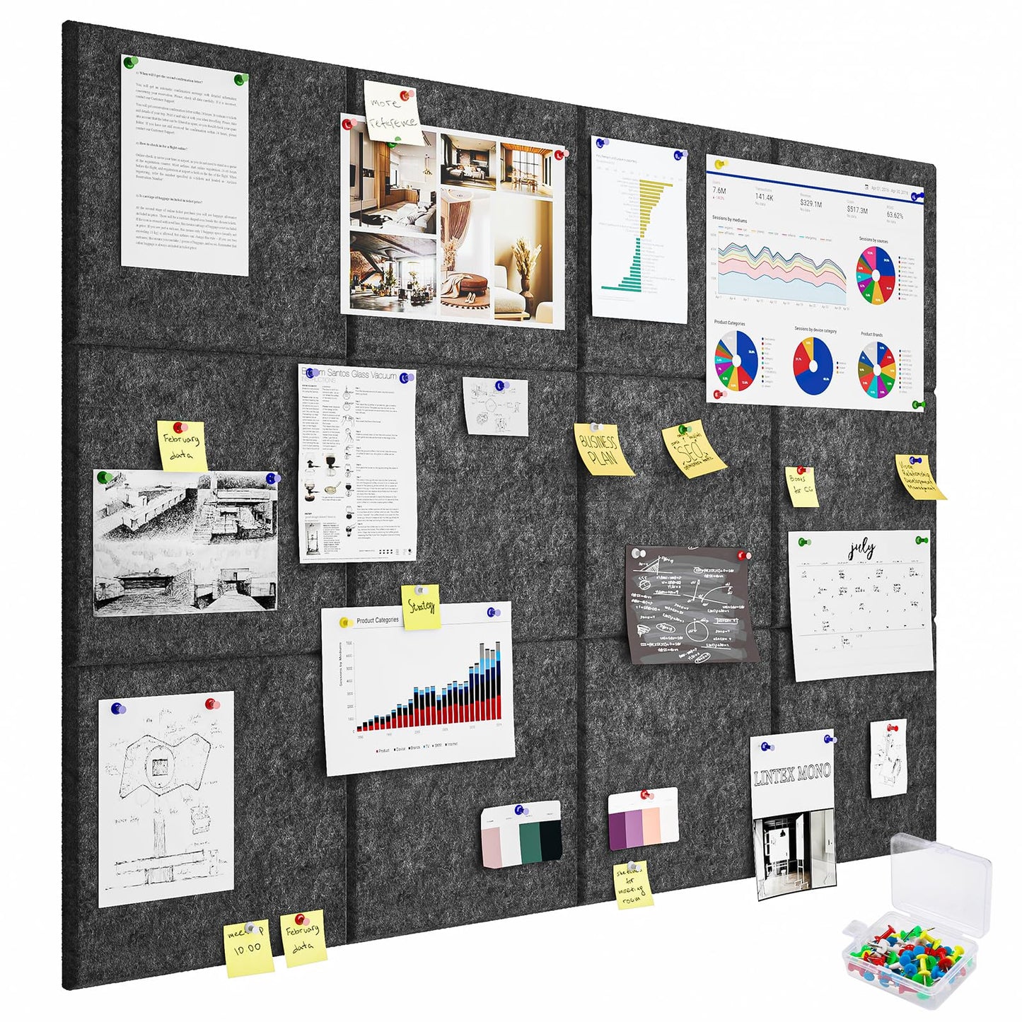 Uoisaiko Large Felt Pin Board for Office: Self-Adhesive Pinboards with 30 Push Pins - 12 Pieces 120x90cm Felt Memo Boards - Bulletin Board Wall Decor for Kitchen