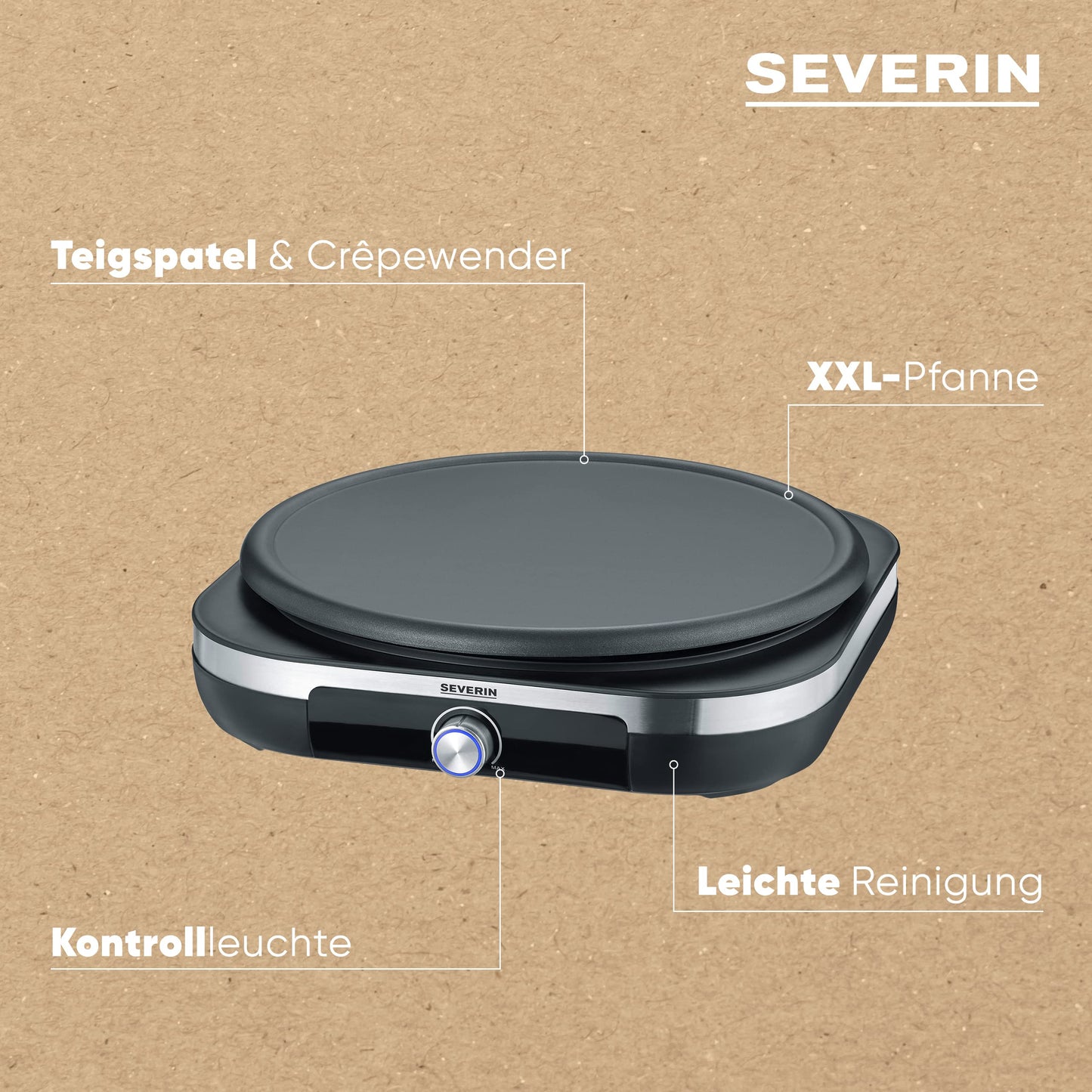 SEVERIN Crêpe Maker, crepe iron for sweet crepes and savory galettes, with removable XXL grill plate (38 cm), approx. 1,500 W, stainless steel brushed/black, CM 2199