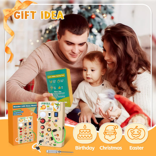 Arizona Busy Board for 1 year old and up, Montessori toy with LED lights, wooden activity board for boys and girls 1-4 years, perfect gifts for birthdays, Children's Day, and Christmas (Jungle theme).
