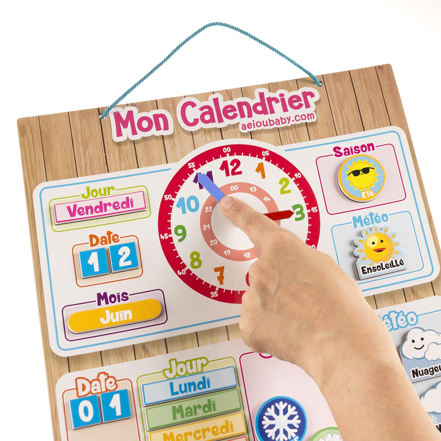 MAGNETIC KIDS CALENDAR CLOCK, Educational game Date Weather and Time for Wall or Fridge, 43x32cm. Ideal box as a gift for children's birthday at school or kindergarten. (French)