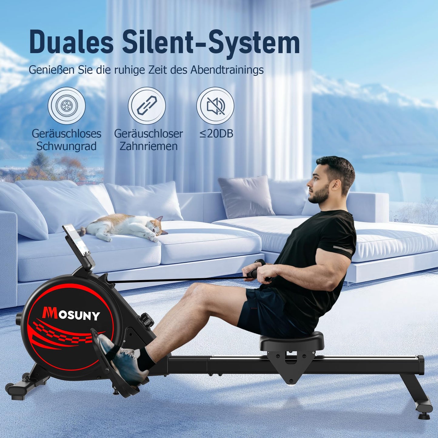 Home rowing machine, 16 levels of resistance, MOSUNY Quiet Magnetic Rowing Machine, Upgraded Dual Slide Rails, App-compatible LCD display, Supports up to 160kg.