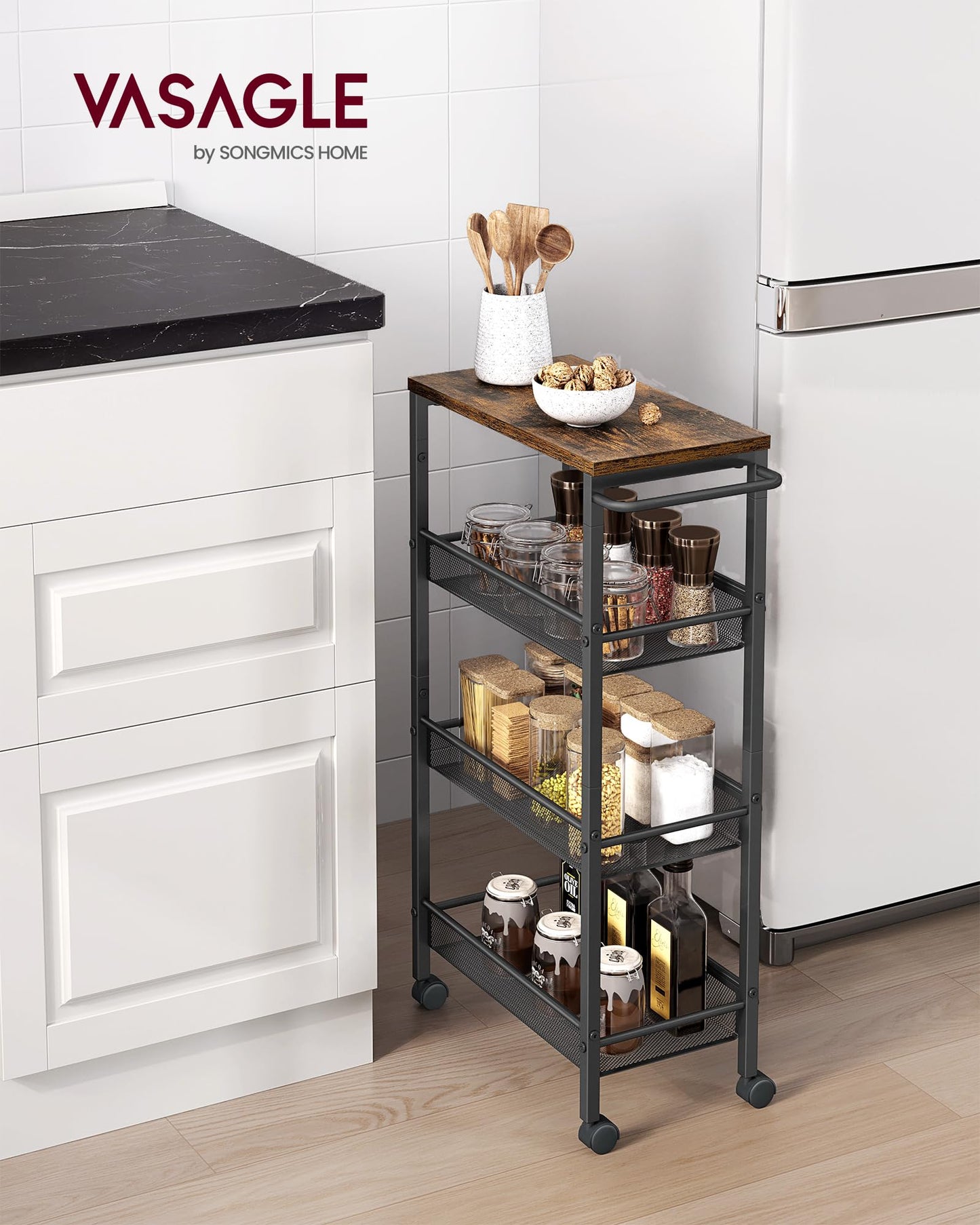 VASAGLE 4-Tier Narrow Kitchen Cart, Slim Rolling Utility Cart, Steel Frame, Handle, for Small Spaces, 8.7 x 17.9 x 30.3 Inches, Kitchen, Bathroom, Living Room, Office, Vintage Brown-Black LRC033B01